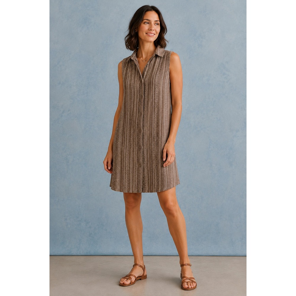 Garnet Hill 100% Linen Mini Dress Sz 6 Brown Pattern Sleeveless Coastal Vacation